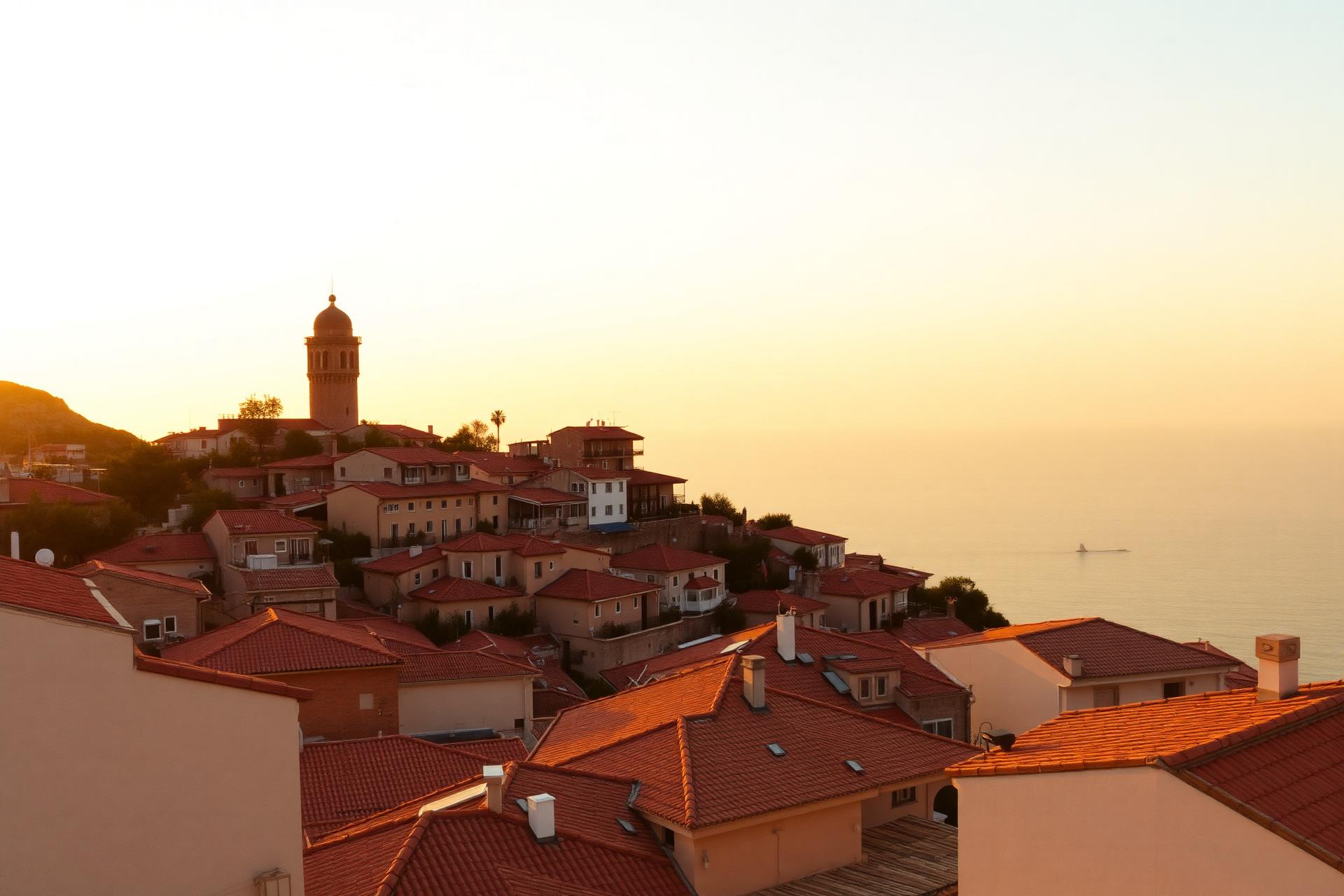 Sunlit rooftops at golden hour, overlooking the sea